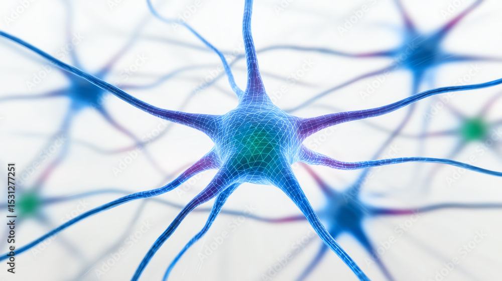 Poster microscopic view of neurons, showcasing intricate connections and vibrant colors, representing the c