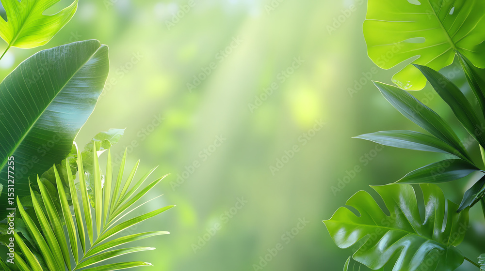Poster lush green leaves illuminated by soft sunlight create a serene and refreshing atmosphere in this bea