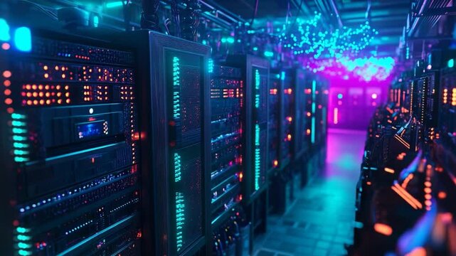 Futuristic Data Center with Neon Lights and High-Tech Servers