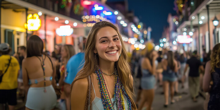 A person from ASU Delta Zeta beams with happiness, surrounded by a lively crowd enjoying the night Generative AI