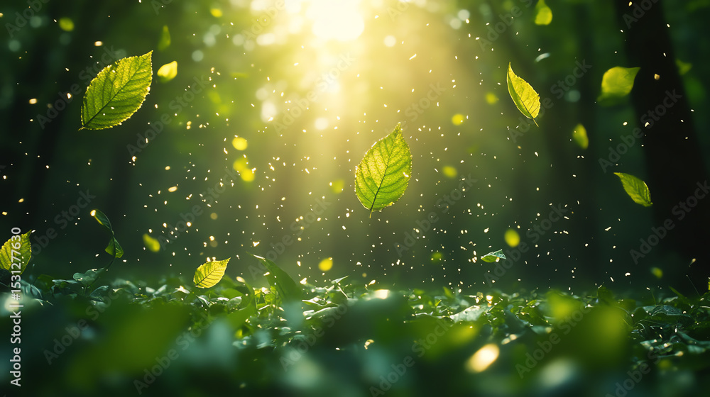 Poster Sunlight filters through a dense forest, illuminating falling leaves and creating a serene natural atmosphere.