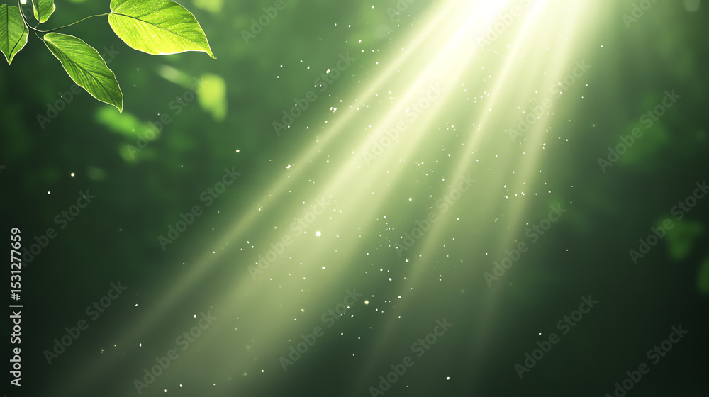 Poster sunlight filters through vibrant green leaves, creating a serene atmosphere filled with natural beau
