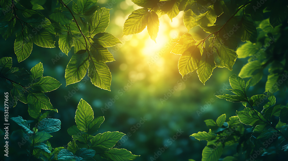 Poster Sunlight filters through lush green leaves, creating a serene and tranquil atmosphere in a vibrant forest.