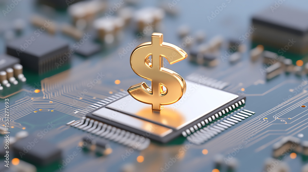 Aufkleber This image features a golden dollar symbol on a microchip, symbolizing the intersection of finance and technology.
