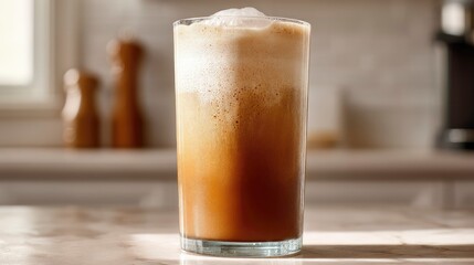 Classic iced coffee with a foamy top, served in a transparent glass