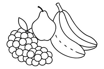 Simple black and white line art illustration of grapes pear and bananas healthy food concept