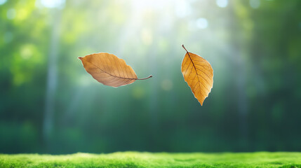 Two autumn leaves gracefully floating in a sunlit forest, symbolizing the beauty of nature and the change of seasons.