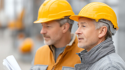 Two construction workers review plans on site, showcasing teamwork and safety in a busy work environment.