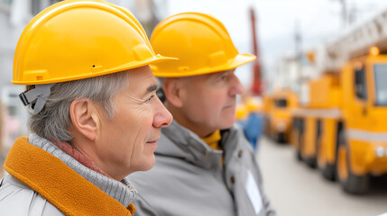 Two construction workers wearing helmets observe the job site, showcasing teamwork and safety in the construction industry.