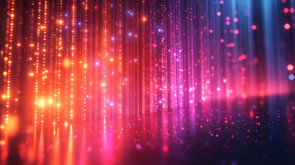 Vibrant abstract pattern with colorful light streaks and glowing particles creating an energetic visual effect.