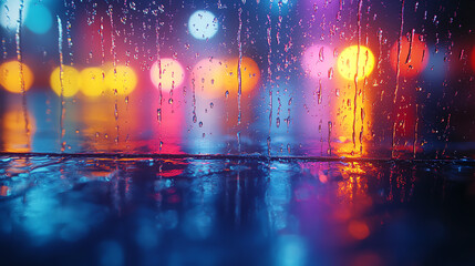 Vibrant city lights reflected on wet pavement during a rain shower, creating a mesmerizing and colorful atmosphere.