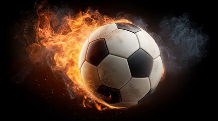 Naklejka premium A soccer ball is engulfed in flames, creating a thrilling spectacle of energy Generative AI
