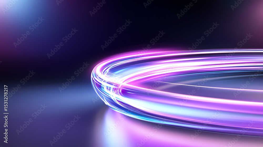 Poster Vibrant light trails swirl on a dark background, creating an abstract visual representing speed and innovation in modern design.