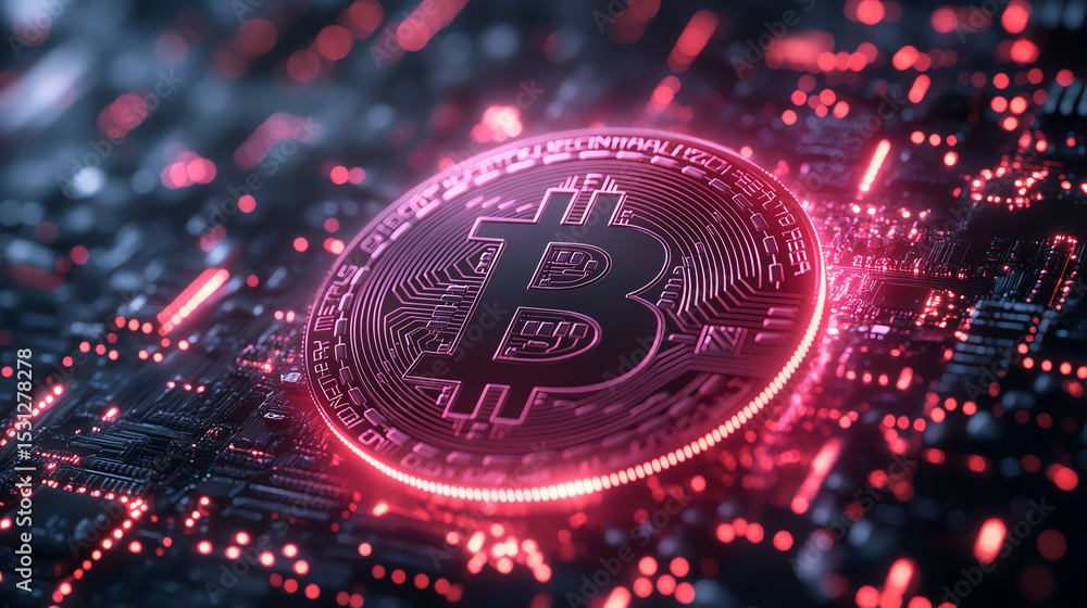 Poster vivid representation of a bitcoin symbol surrounded by digital circuitry, showcasing the essence of 