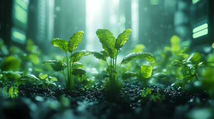 Vibrant green plants thrive in a futuristic environment, showcasing growth amidst a high-tech landscape.