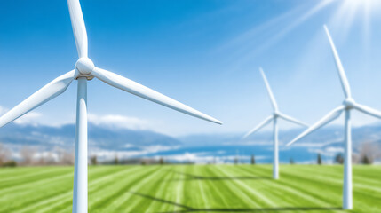 Wind turbines stand tall in a lush green field under a clear blue sky, symbolizing renewable energy and sustainability.