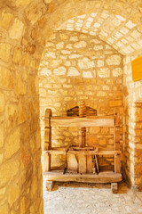 Vintage wooden wine press in winery cellar, Tokaj region, Hungary