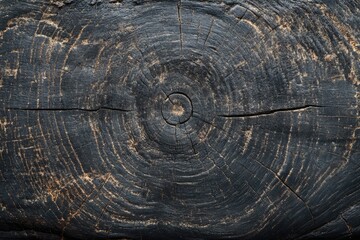 Fototapeta premium Dark, aged wood cross-section. Close-up view of concentric growth rings. Intricate wood grain patterns. A central knot is evident