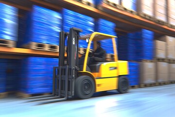 Naklejka premium A yellow forklift moves swiftly through a warehouse aisle, lined with stacked pallets and boxes. Blurred motion emphasizes the machine's speed