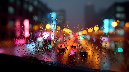 Blurred city lights flickering through rain-soaked windows, capturing the essence of a rainy night in the city.