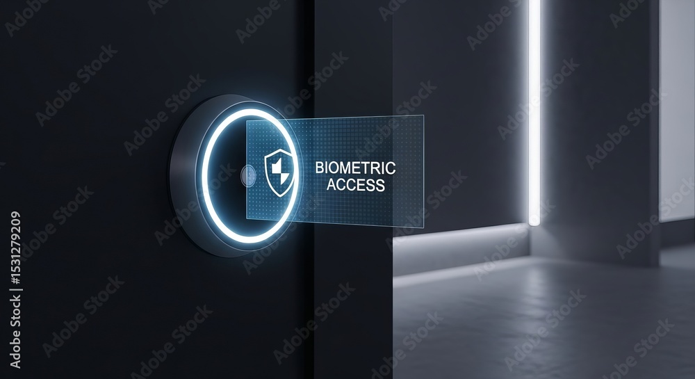 Poster a smart door lock system with a circular glowing digital pad and a secure holographic overlay indica