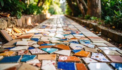 Naklejka premium Colorful Mosaic Pathway Made of Shattered Ceramic Tiles in Garden