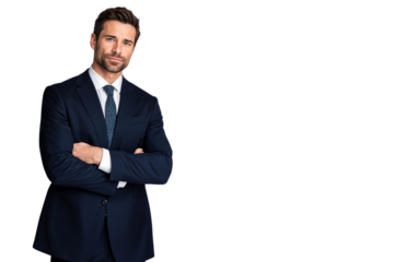 Confident professional lawyer in a navy blue suit and tie, standing with arms crossed, isolated on transparent background
