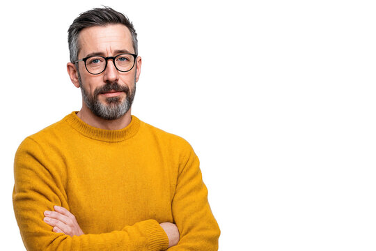 Mature man in yellow sweater and glasses standing with crossed arms, isolated on transparent background