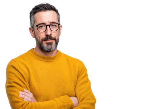 Mature man in yellow sweater and glasses standing with crossed arms, isolated on transparent background