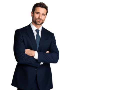 Confident professional lawyer in a navy blue suit and tie, standing with arms crossed, isolated on transparent background