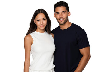 Obraz premium Romantic couple standing close together, smiling and looking at camera, isolated on transparent background. Cheerful and affectionate moment