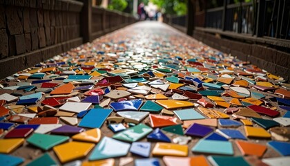 Obraz premium Colorful Mosaic Pathway of Shattered Ceramic Tile Fragments