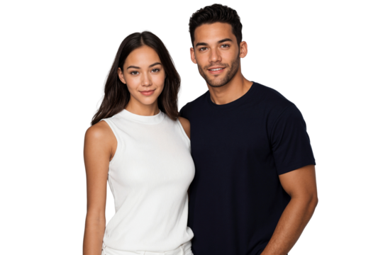 Romantic couple standing close together, smiling and looking at camera, isolated on transparent background. Cheerful and affectionate moment