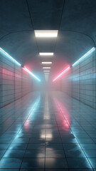 Neon lights pulse in a tunnel, lighting up the reflective wet floors in a hazy glow Generative AI