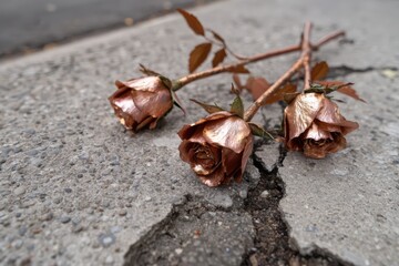 Fototapeta premium Roses resting on a cracked sidewalk with metallic accents and exposed bolts in urban setting