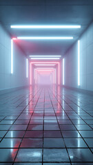 A neon-lit tunnel shines on a wet floor, creating a captivating atmosphere for explorers Generative AI