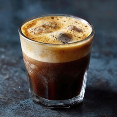 Glass of espresso-infused iced coffee with rich crema floating on top