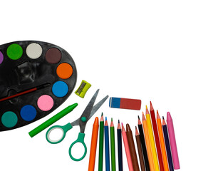School art supplies isolated on transparent background featuring watercolor palette colored pencils...