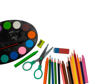School art supplies isolated on transparent background featuring watercolor palette colored pencils crayons scissors eraser and sharpener.
