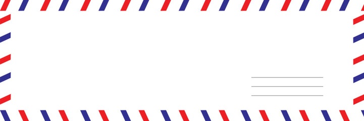 Airmail Envelope frame images with strips. International vintage letter border. Retro air mail postcard with blue and red stripes.  Empty classic postal frame. Vector illustration