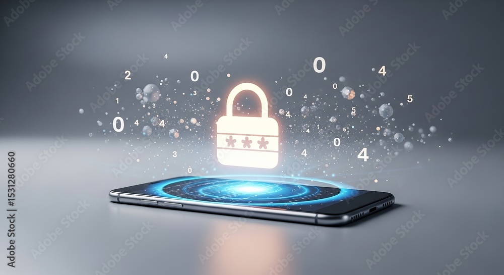 Poster a glowing padlock icon hovers above a modern smartphone, symbolizing cybersecurity and password prot