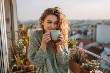 Young woman drinking coffe at balcony