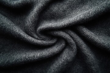 Close-up of dark gray knitted fabric, swirled and textured