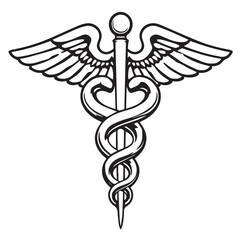 Caduceus medical symbol black and white illustration