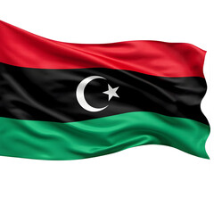 Libyan flag red black green horizontal with white crescent star, fabric texture natural, soft flowing motion, studio photography setup, isolated transparent, stock standard quality, symbol placement