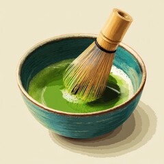 Illustration of matcha tea being whisked inside a bowl