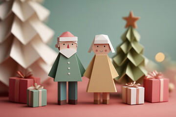A couple of charming paper figures stand together surrounded by gifts in a cozy holiday setting Generative AI