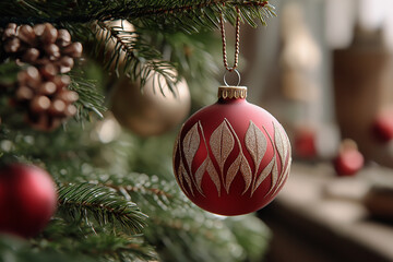 Ornament glimmers softly on a decorated tree, evoking warmth and holiday spirit in a tranquil space Generative AI