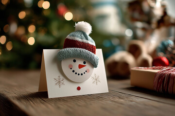 A charming Christmas card features a snowman in a knitted hat, spreading holiday cheer Generative AI