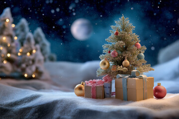 A beautifully decorated Christmas tree stands in a snowy landscape, adorned with gifts Generative AI